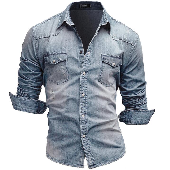 Men's Casual Shirts Denim Shirt Jeans Fashion Autumn Slim Long Sleeve Cowboy Stylish Wash Fit Tops Asian Size 3XL