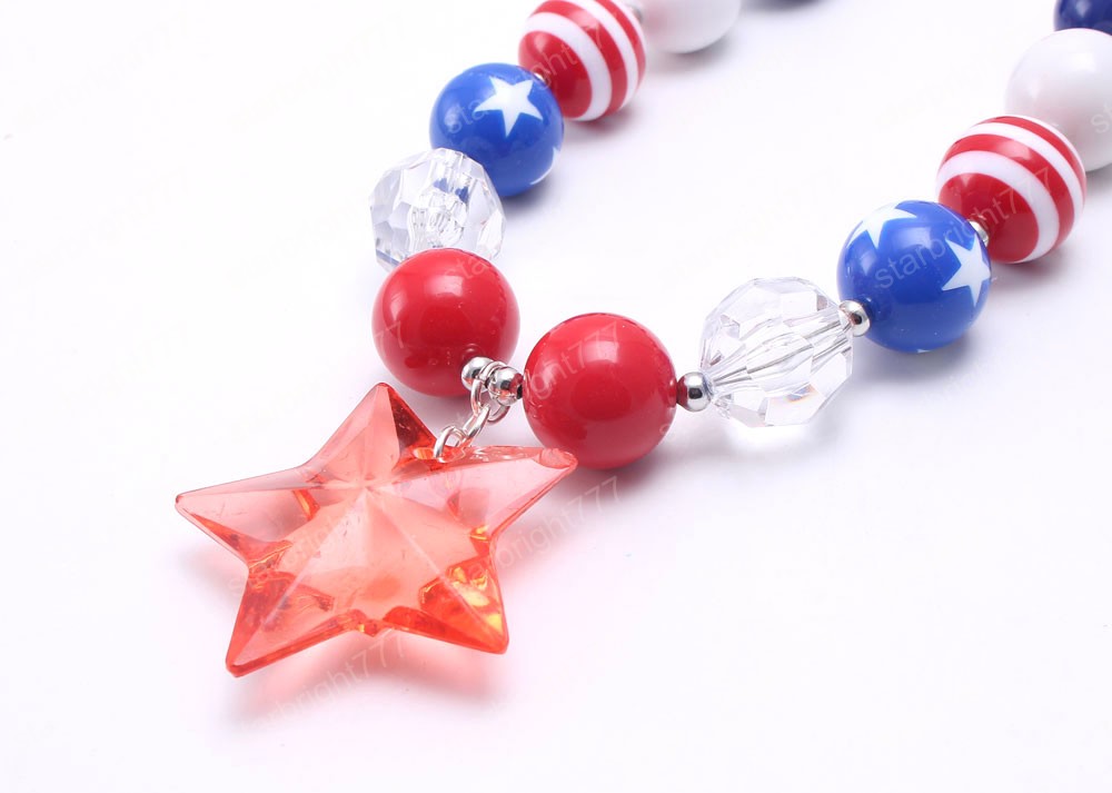 New Forth July Girls Beads Necklace Fashion Star Pendants Child Chunky Bubblegum Necklace For Baby Kids