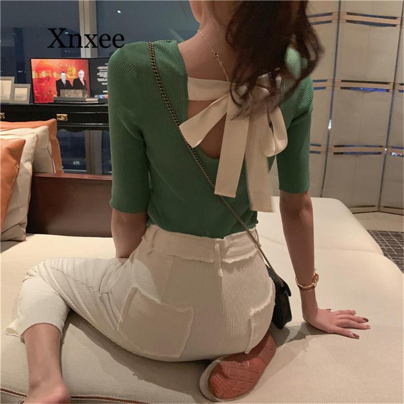 Elegant Bow Korea Lady Backless Bow Femme Elegant Black KnitwearAutumn Women Pullover White Tops Half Sleeve Casual Tops
Elegant Bow Korea Lady Backless Bow Femme Elegant Black KnitwearAutumn Women Pullover White Tops Half Sleeve Casual Tops