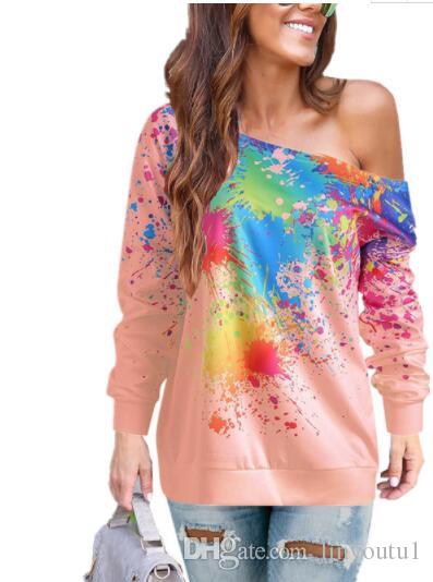 2020 Fashion T Shirt Women Long Sleeve One Shoulder Paint Splatter Print Korean Style Women Funny T Shirts Women