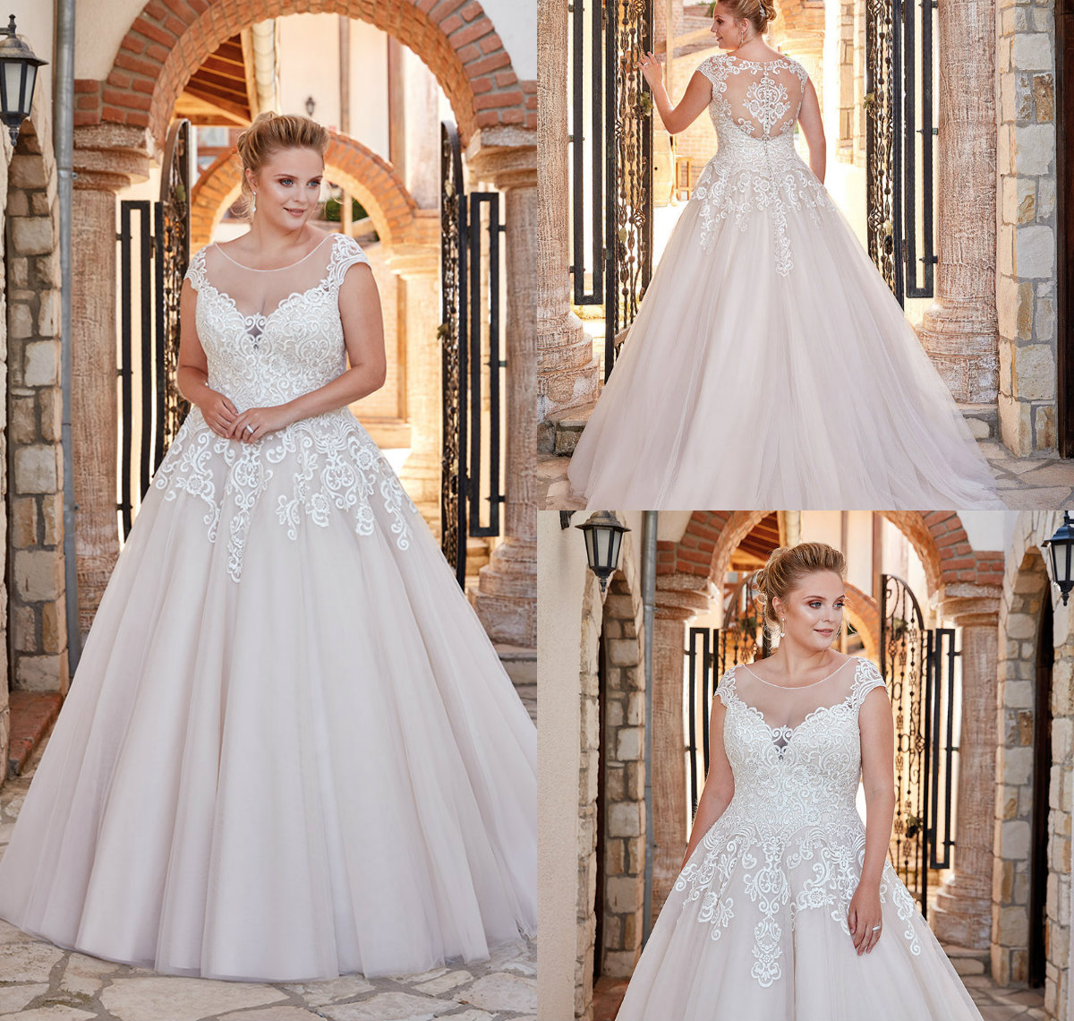 Eddy K Plus Size Wedding Dresses Sheer Jewel Neck Short Sleeves A Line Lace Appliques Button Back Country Wedding Dress Custom Made Gowns