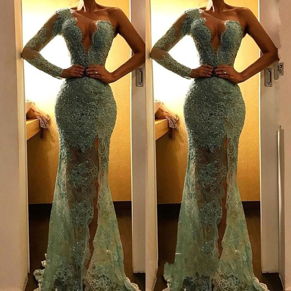 Robe de soiree Saudi Arabic Dubai Green Lace Evening Dresses One Shoulder Beaded Formal Abiye Evening Gown Party Dress