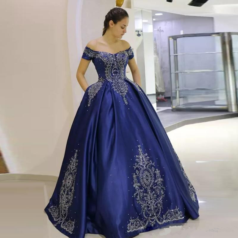 off shoulder royal blue ball gown prom dresses with embroidery lace appliques bead satin dubai formal evening party gowns custom