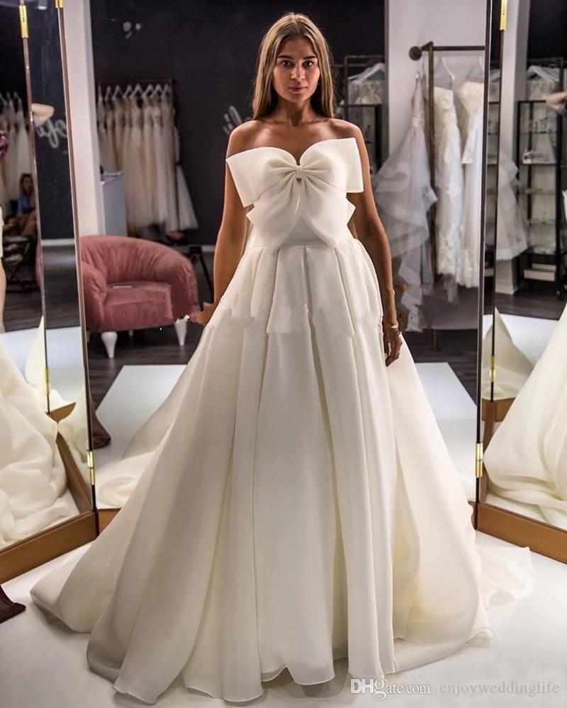 Simple Elegant Cheap A Line Dresses Stapless Bow Open Back Floor Length Satin Wedding Dress Bridal Gowns Vestidos De Noiva