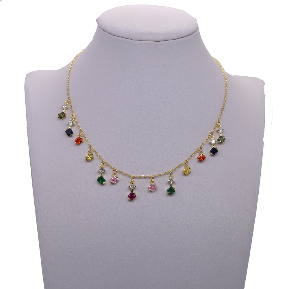 Gold plated rainbow cz drop charm necklace 2019 new bright colorful fashion jewelry choker statement collar necklaces