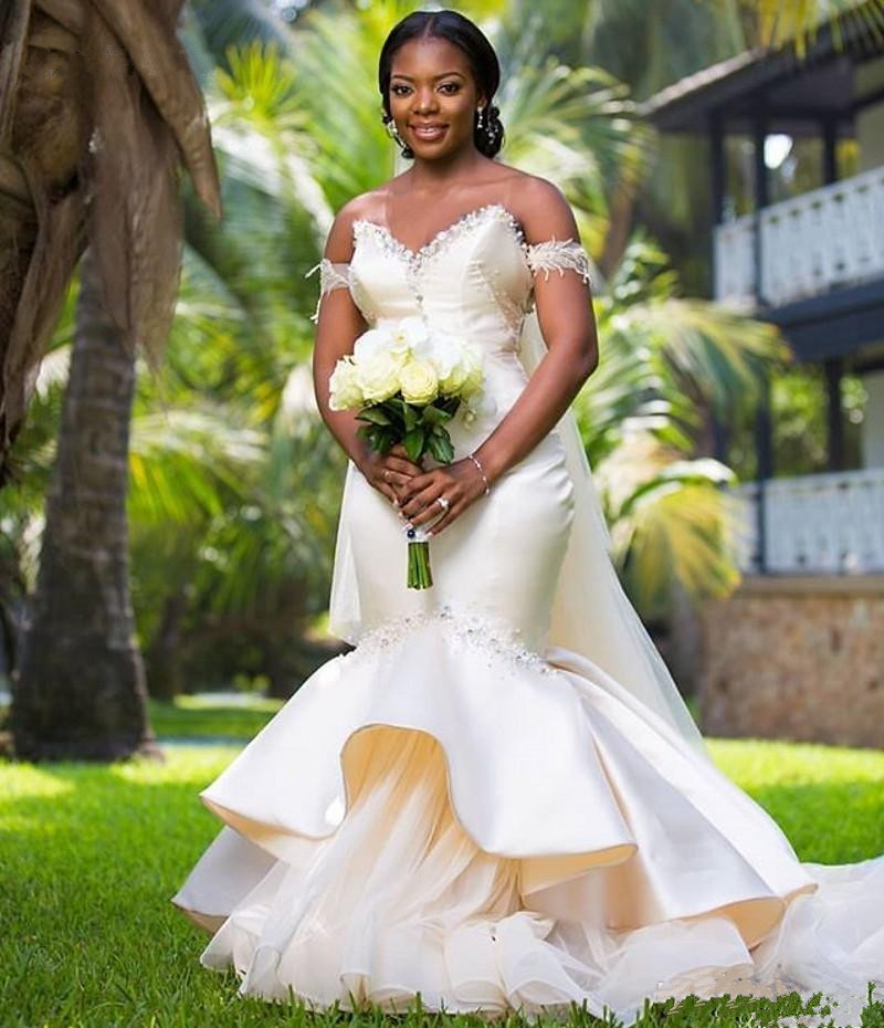 South African Beaded Sweetheart Mermaid Wedding Dresses Long Satin Bridal Gowns Plus Size Women Marriage Dress Robe De Mariee