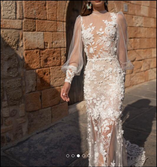 Lian Rokman Mermaid 2020 Wedding Dresses 3D Floral Appliqued Lace Long Sleeve Bridal Gowns Sweep Train Robe De Mariée