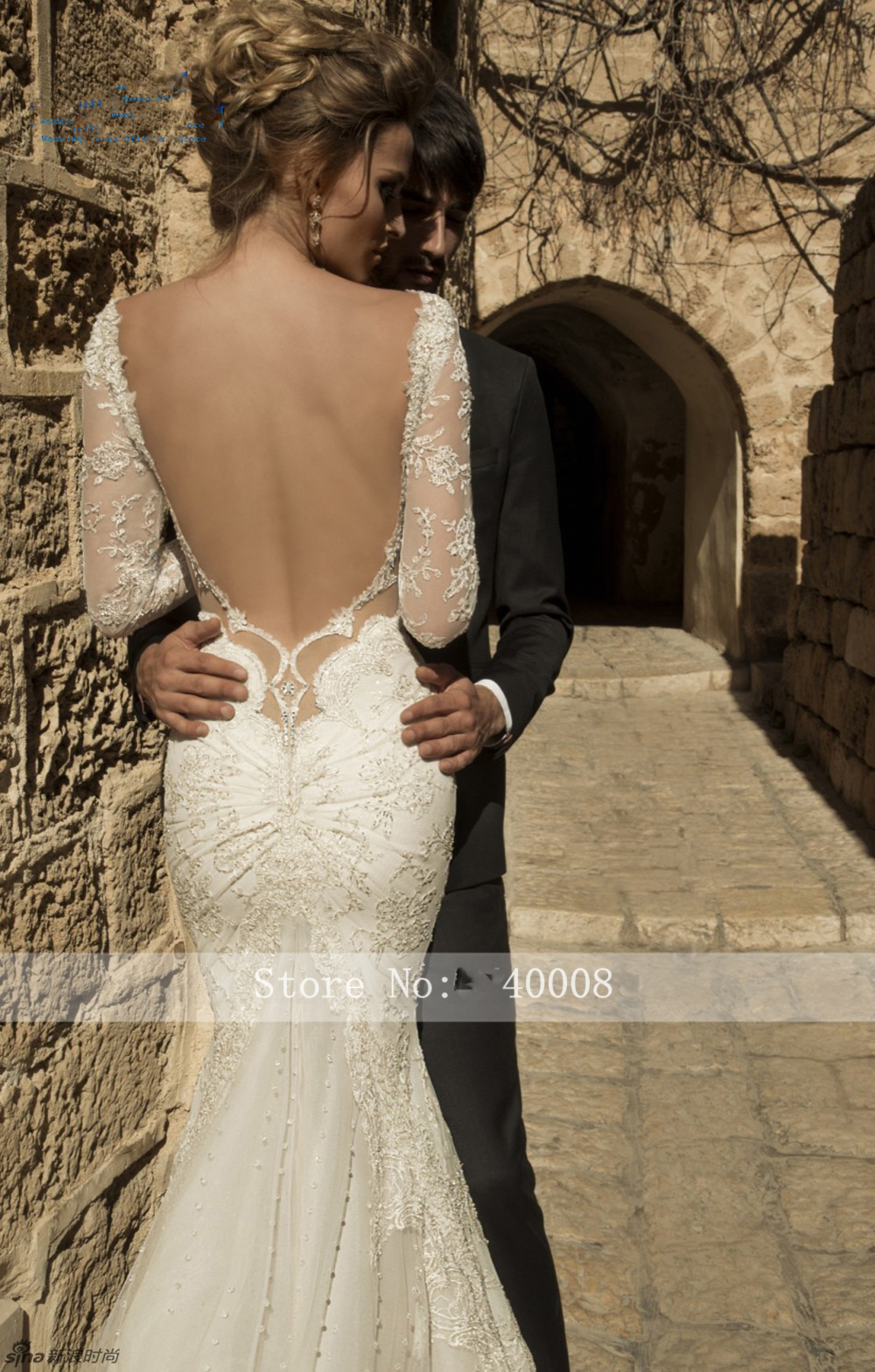 Sexy Backless Chapel Train V Neck Mermaid Wedding Dress Lace Pearl Beading Long Sleeve Vestige De Noiva Bride Dress