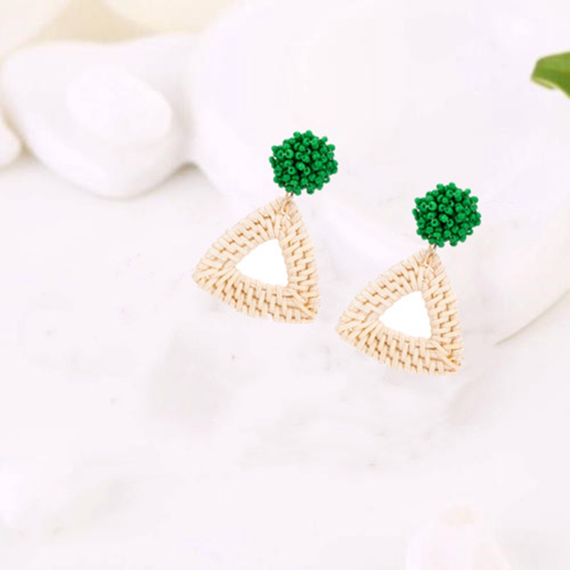 Handmade rattan woven square wool ball women's ladies earrings geometric metal plated earrings vintage jewelry jewelry