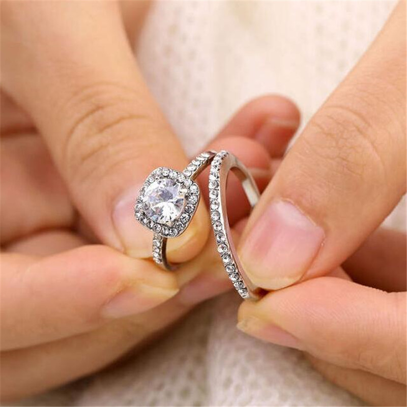 Couple Rings Luxury Jewelry 925 Sterling Silver Round Cut 5A Cubic Zirconia CZ Diamond Eternity Party Women Wedding Bridal Ring Set Gift