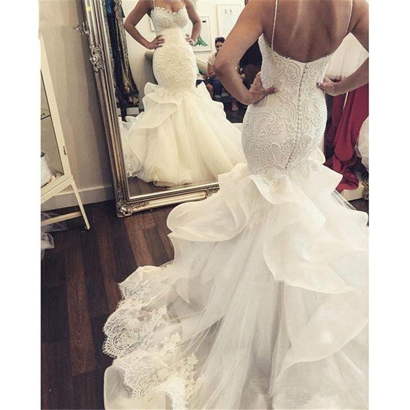 mermaid dresses spaghetti straps lace applique cascading ruffles court train wedding gowns buttons vestido de novia