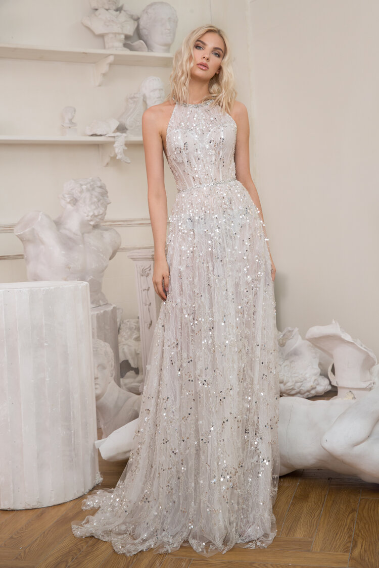 sequined wedding dresses illusion halter backless applique sweep train beaded bridal gowns plus size wedding dress robe de marie