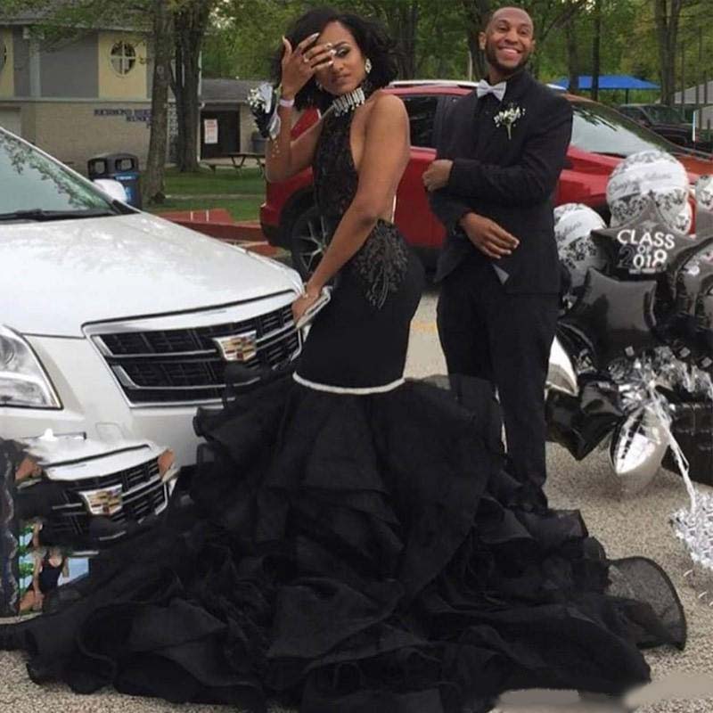 Classic Black Mermaid Prom Dresses Halter Backless Cascading Ruffles Lace Beads Long Formal Evening Party Gowns Special Occasion Dress