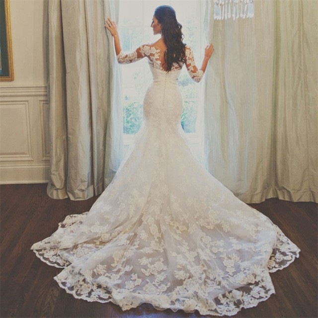 Vintage Mermaid Wedding dresses Plus Size Three Quarter Sleeve Lace Bridal Gown with crystal belt Robe de mariage Vestidos de novia