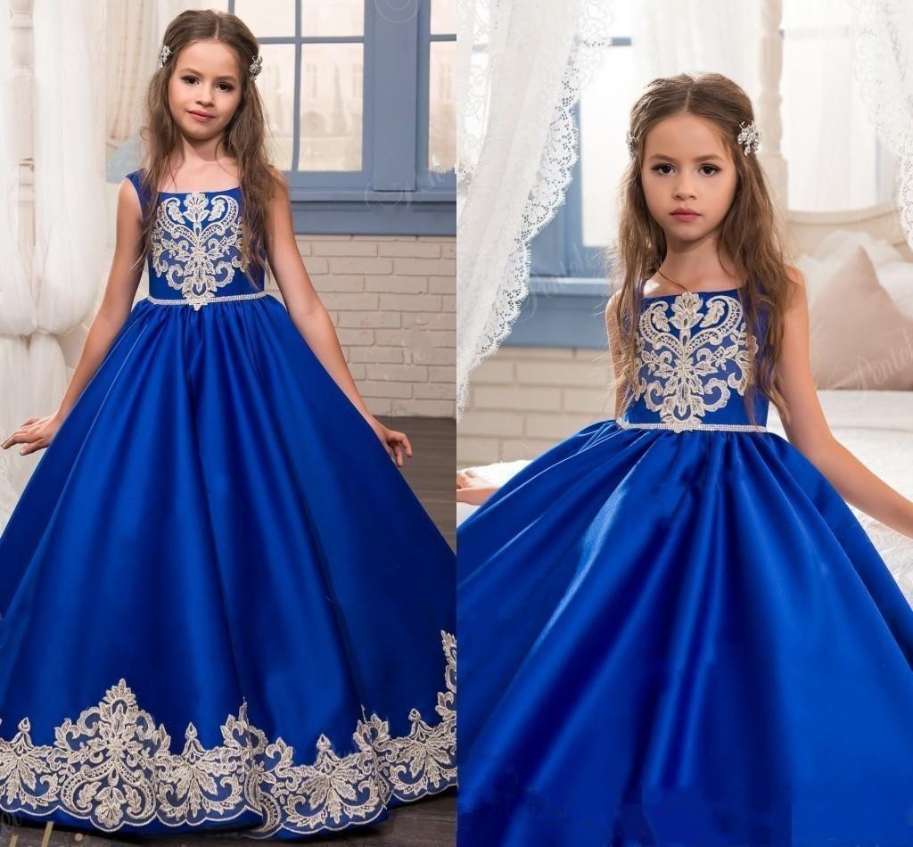 Spring 2020 Royal Blue Flower Girl Dresses with Lace Square Neckline Puffy A Line Floor Length Satin Kids Wedding Dresses for Girls