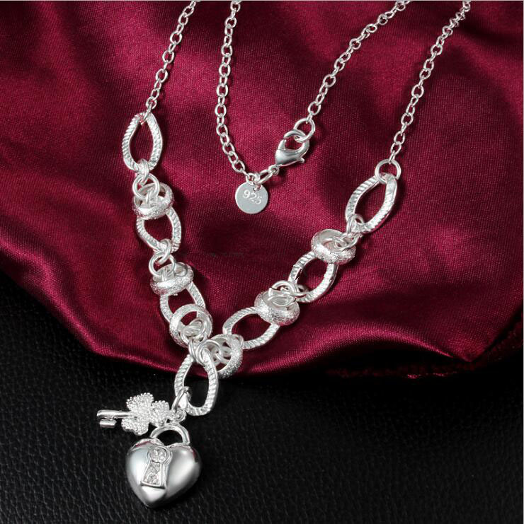 Hanging insets heart lock, flower spoon necklace sterling silver plate necklace STSN190,fashion 925 silver Chains necklace factory sale