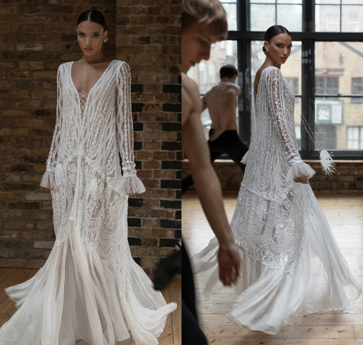 2019 Lior Charchy Bohemian Wedding Dresses V Neck Lace Appliques Beads Beach Bridal Gowns A Line Floor Length Boho Wedding Dress Sleeves