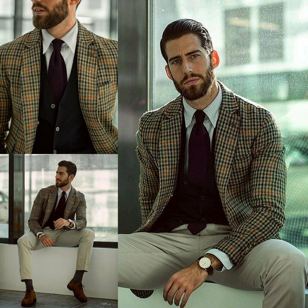Plaid Men Wedding Suits British Style Windowpane Two Button Notched Lapel Tuxedos Formal Work Prom Party Blazer Jacket(Jacket+Pants)