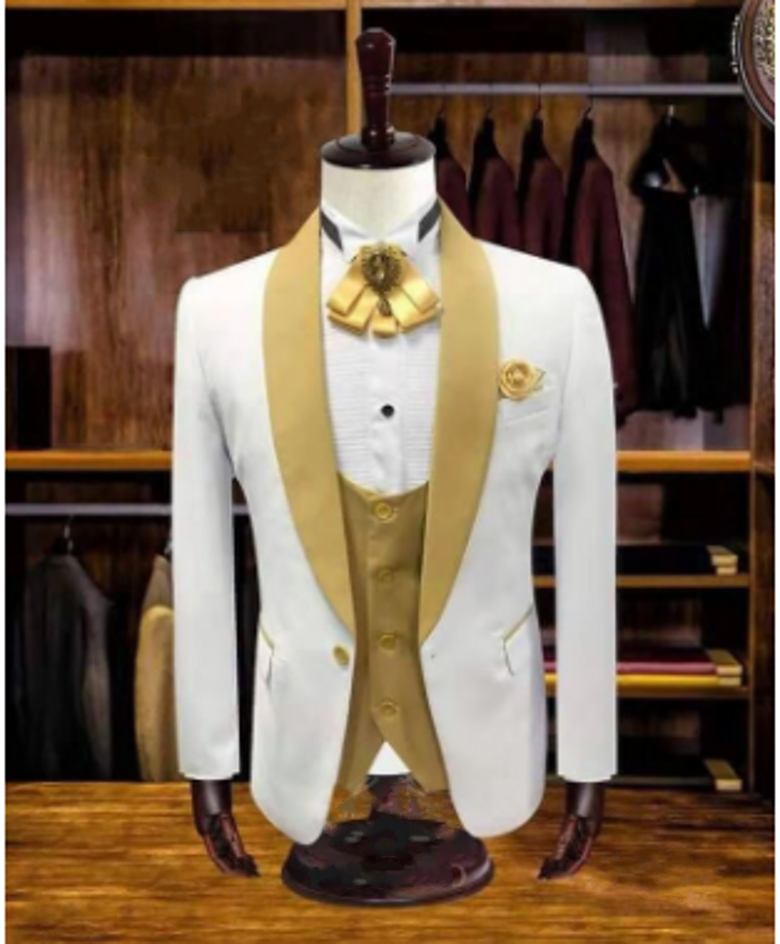 Real Photo Ivory Wedding Groom Tuxedos Mens Shawl Collar Business Prom Party Blazer Suit Coat (Jacket+Pants+Vest+Tie) W1083