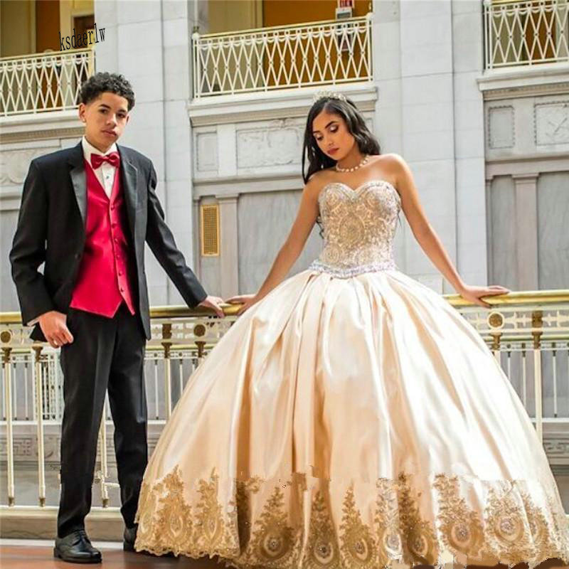 2020 Gold Lace Applique Sweet 16 Quinceanera Dresses Ball Gown Corset Beads Satin Masquerade Dress Plus Size Prom Gowns Vestidos 15 Anos