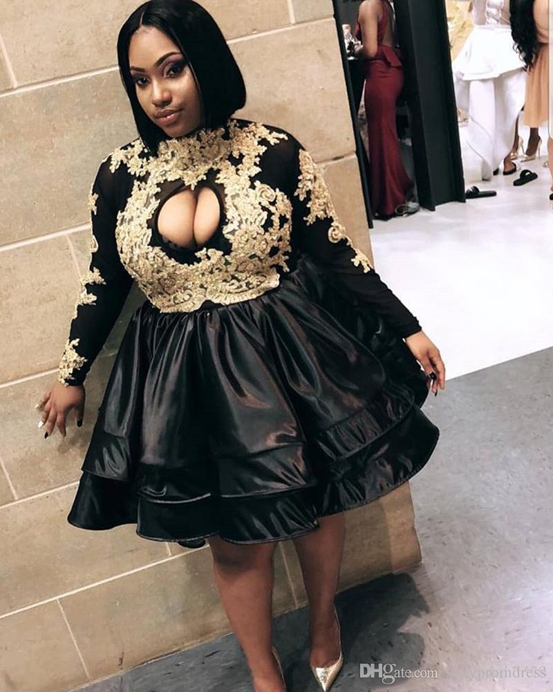 South African Short Prom Dresses Black Long Sleeves Gold Appliques Hot Evening Gowns Plus Size Knee Length Cocktail Party Pageant Dress