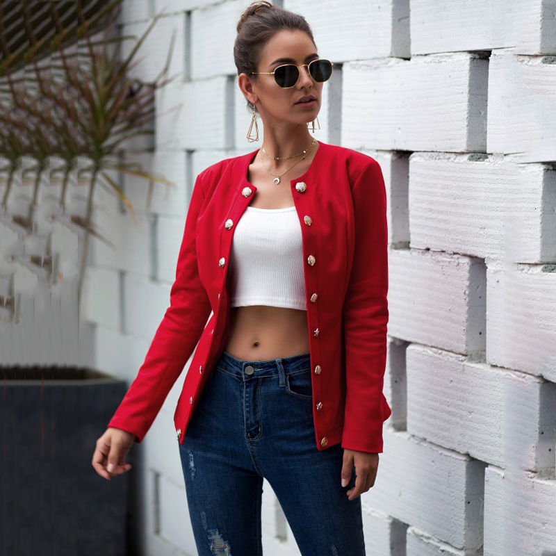 Red Casual Long Sleeve Blazer Jacket Women's Work Office Outerwear Spandex Slim Fit Button Closure V-Neck