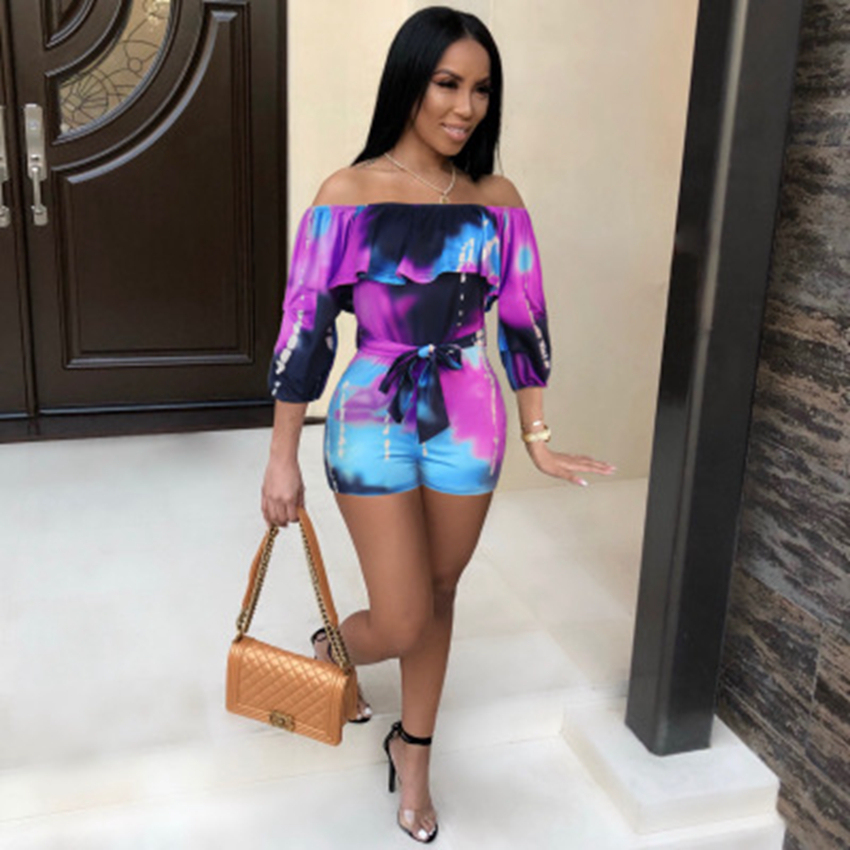 jumpsuit 2021 European sexy word collar off-the-shoulder ruffled long-sleeved pullover tube top printed belt jumpsuit support mixed batch