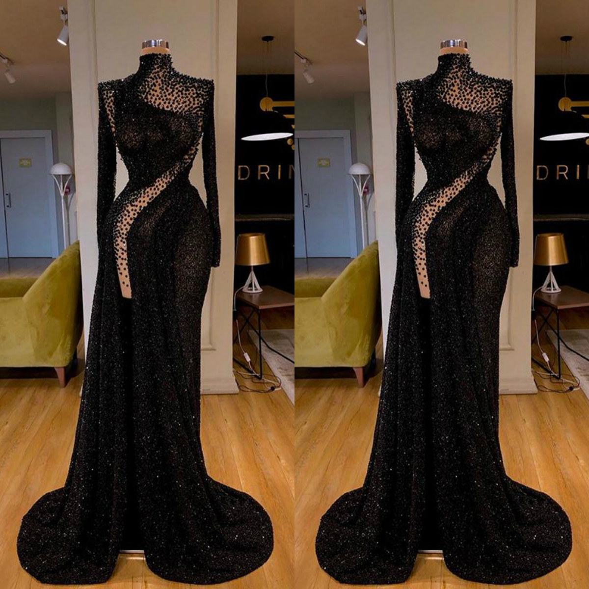 Black Evening Dresses High Neck Side Split Long Sleeve Mermaid Prom Dress Beaded Sexy Special Occasion Gowns Sexy Vestidos De Novia