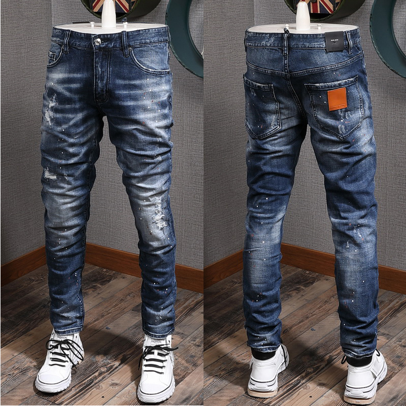 Embroideries Slim Fit Jeans Stitching Letters Painted Blue Vintage Wash Slim Fit Leg Denim Trousers Male, D2-8162
Embroideries Slim Fit Jeans Stitching Letters Painted Blue Vintage Wash Slim Fit Leg Denim Trousers Male, D2-8162