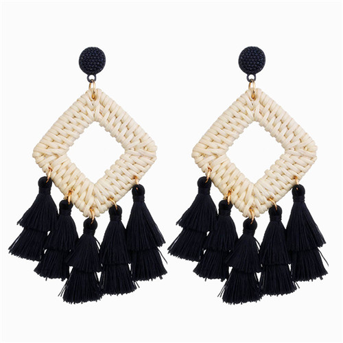 Bohemian tassel earrings statement handmade ethnic tassel earrings bamboo geometric square fan shaped ladies