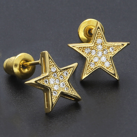 New Gold Bling Diamond Mens Hip Hop Pentagram Earring Studs Personalized Iced Out Zirconia Stud Earrings Rapper Jewelry Gifts for Men Women