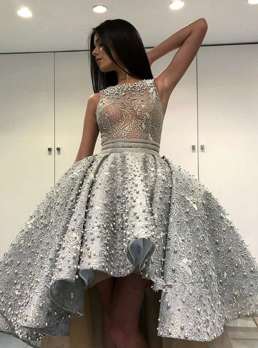 Luxury Short Prom Dresses Jewel Neck Zipper Back Pearls High Low Formal Dress Evening special occasion Cocktail Gowns sweet 16 dresses