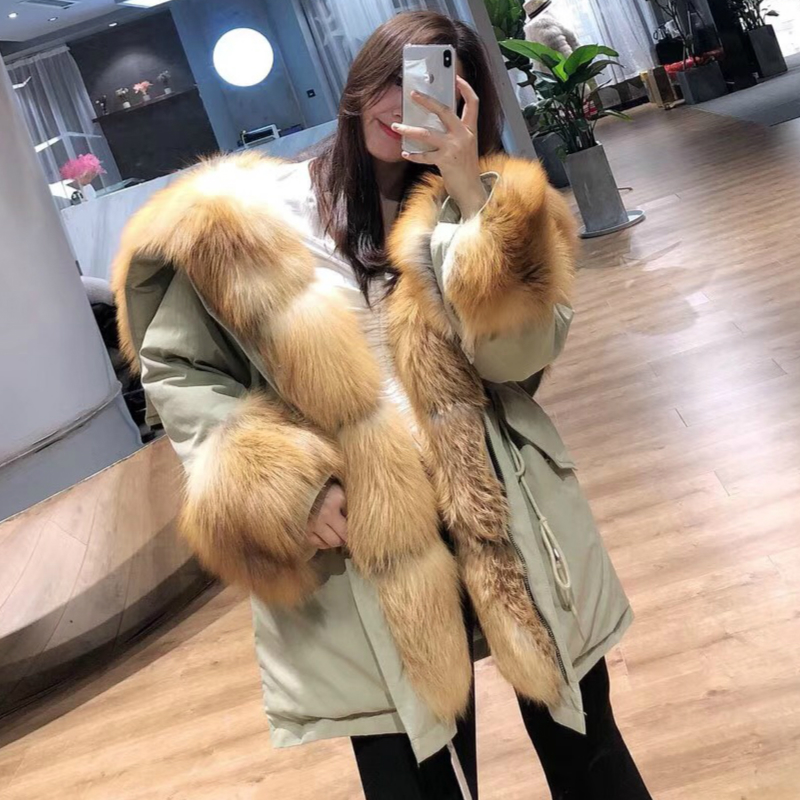 Winter Women's Coat Real Raccoon Fur Collar Parka White Duck Down | Streetwear Fashion B4