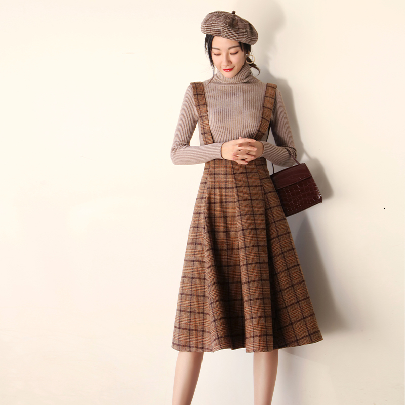 Japan Mori Girl Sundress Autumn Korean Fashion Women Sleeveless Vest Brown Plaid Woolen Winter Dresses Spaghetti Strap Vestidos LY191115