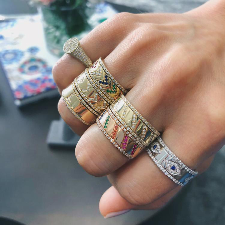 Wholesale Engraved Cz Evil Eye Gold Wide Engagement Band Rings for Lady Women Party Gift Finger Jewelry Classic Antique Ring
