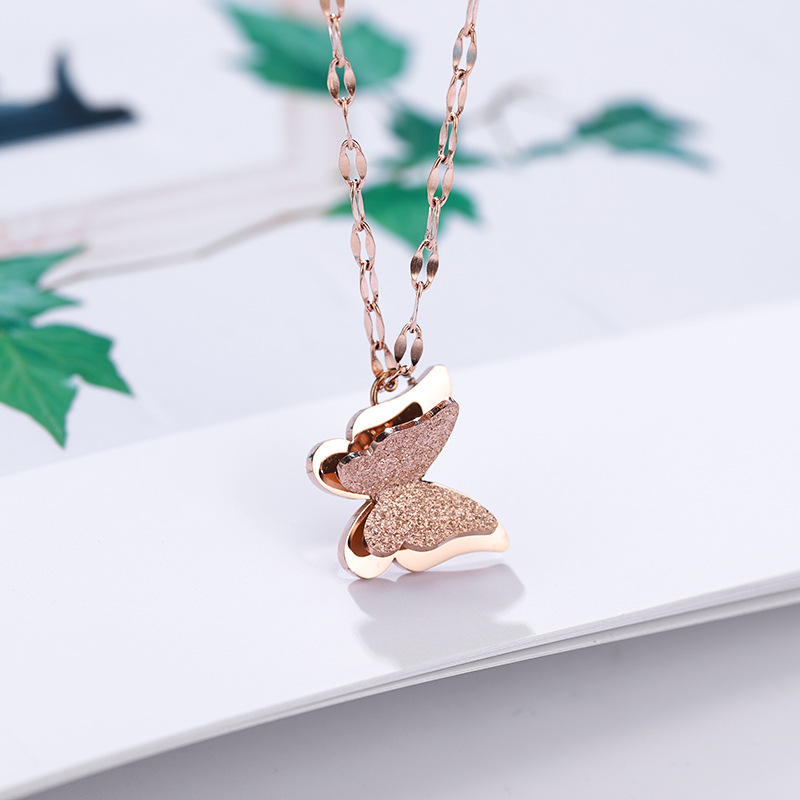 Shining Scrub Butterfly Pendant Necklace Stainless Steel 14k Gold Plated Titanium Steel Jewelry Woman Girl Gift