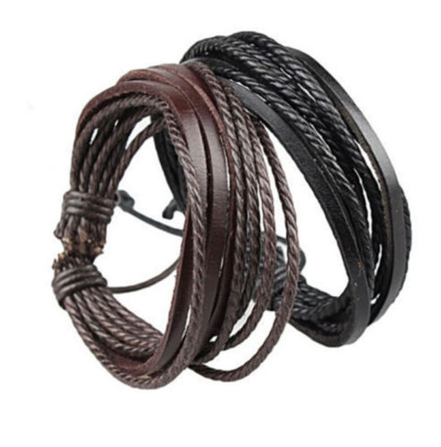 Wholesale- Bracelets Wrap Multilayer Genuine Leather Bracelet with Braided Rope Fashion Jewelry Christmas Charm Bracelets