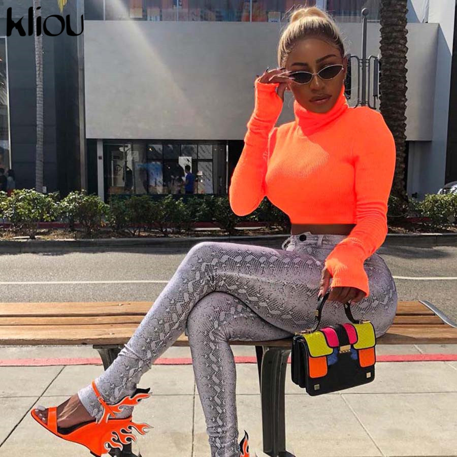 Kliou 2018 Autumn Winter Women Turtleneck Sweatshirts Full Sleeve Fluorescence Solid Color Female Short Pullovers Hoodies Tops C19041102