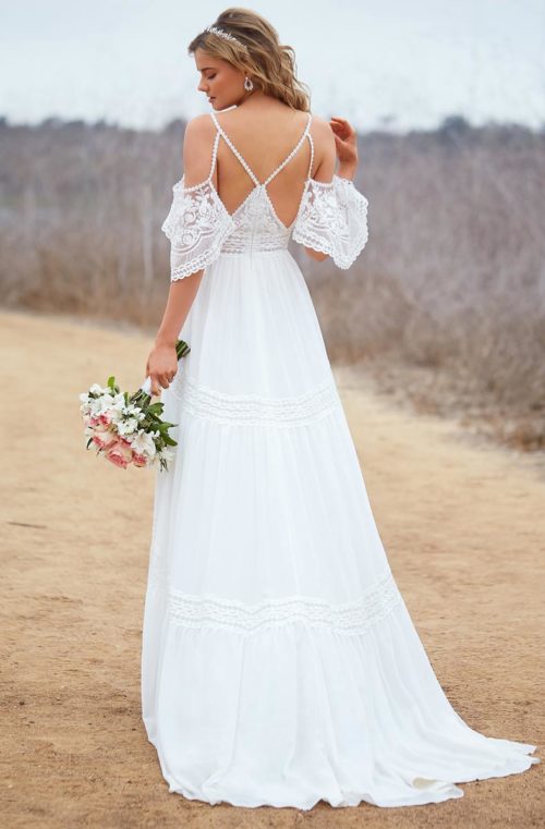 Kitty Chen Bohemian Wedding Dress Off The Shoulder Short Sleeves A Line Sweep Train Beach Wedding Dress Embroidery Cheap Bridal Gowns