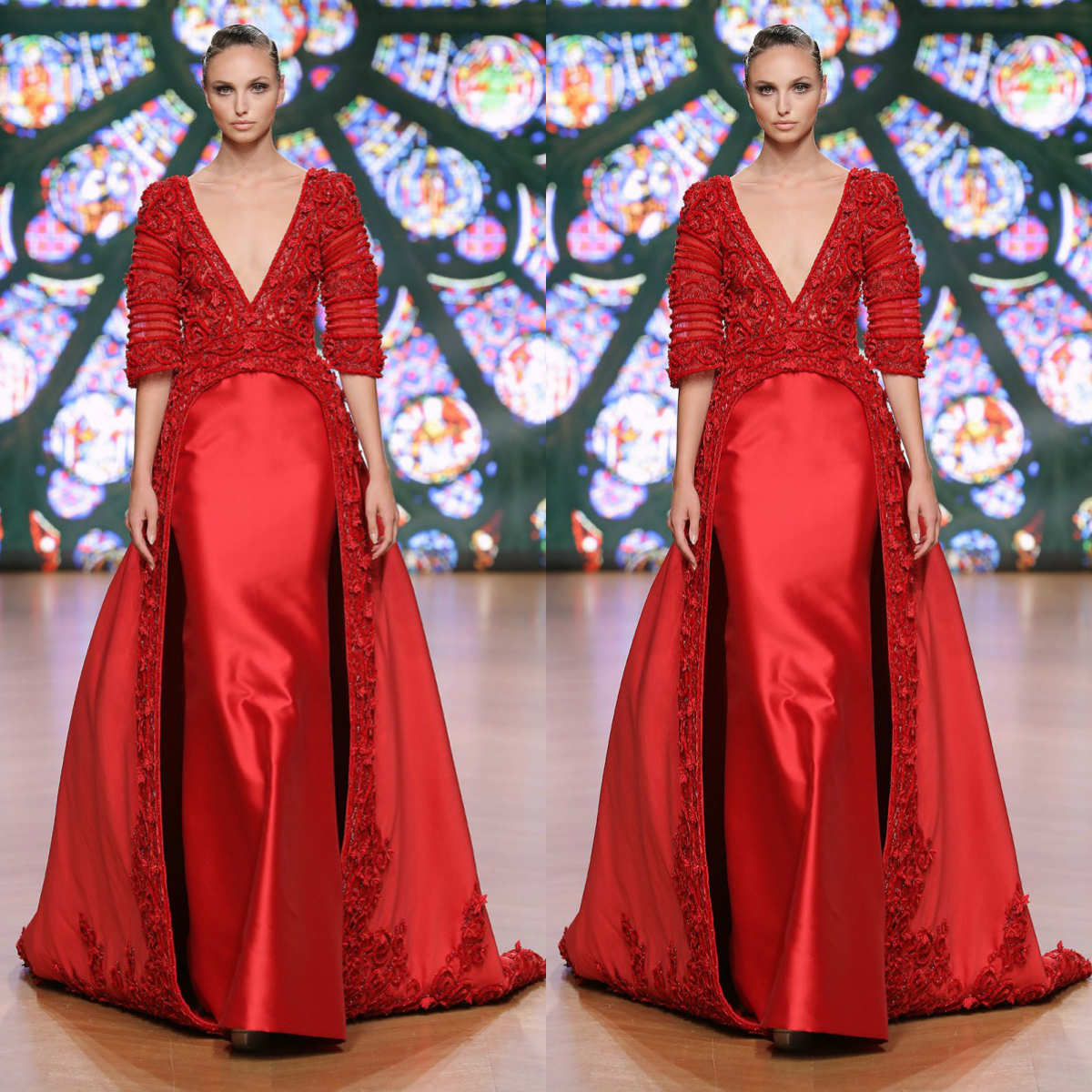 Tony Ward 2019 Red Overskirts Evening Dresses Deep V Neck Half Sleeve Lace Beads Prom Dresses Arabia Dubai Luxury Formal Party Dress