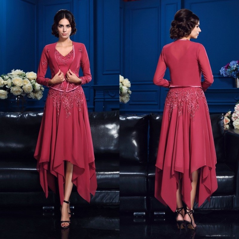 2019 Elegant Mother Of The Bride Dresses With Jacket Lace Appliqued Chiffon Wedding Guest Dress Long Sleeve Evening Gowns Formal Party Wear