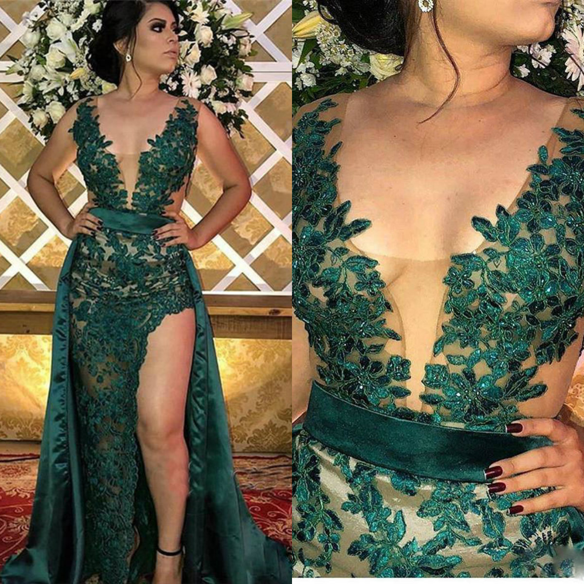 Dark Green Lace Applique Mother of the Bride Dresses Overskirt Side Split Plus Size Deep V Neck Prom Evening Gowns Wedding Guest Dress 
Dark Green Lace Applique Mother of the Bride Dresses Overskirt Side Split Plus Size Deep V Neck Prom Evening Gowns Wedding Guest Dress