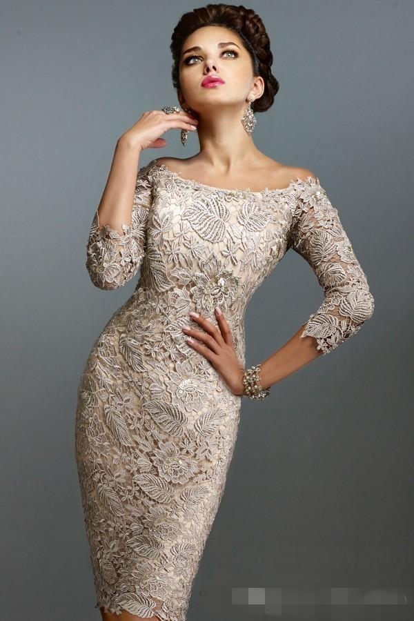 Elegant Champagne Lace Mother Of Bridal Dress Off The Shoulder 3/4 Long Sleeves Mermaid Sheath Knee Length Short Evening Formmal Gown Lz0304