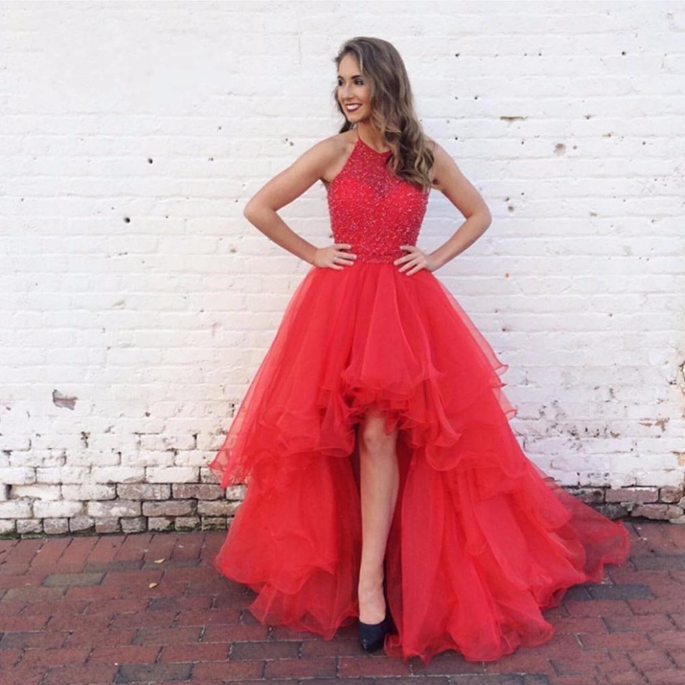 Short Front Long Back Red Prom Dresses Halter Neck Beads Tulle High Low A Line Girls Party Gowns Custom evening dress