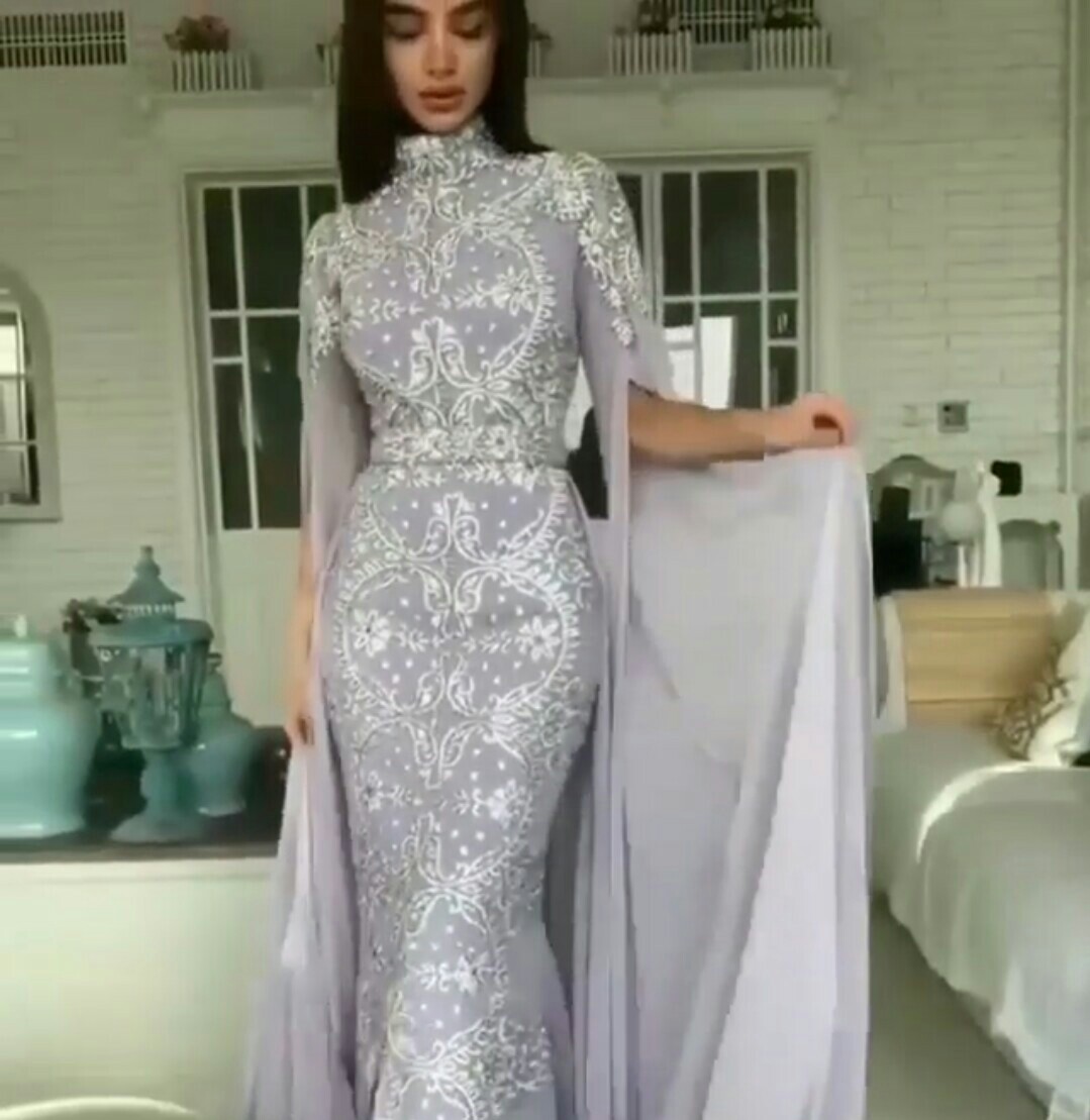Modest Mermaid Prom Dresses 2019 New Floor Length High Neck Sparkle Bead Formal Evening Gowns With Detachable Skirt Long Sleeves Party Gowns