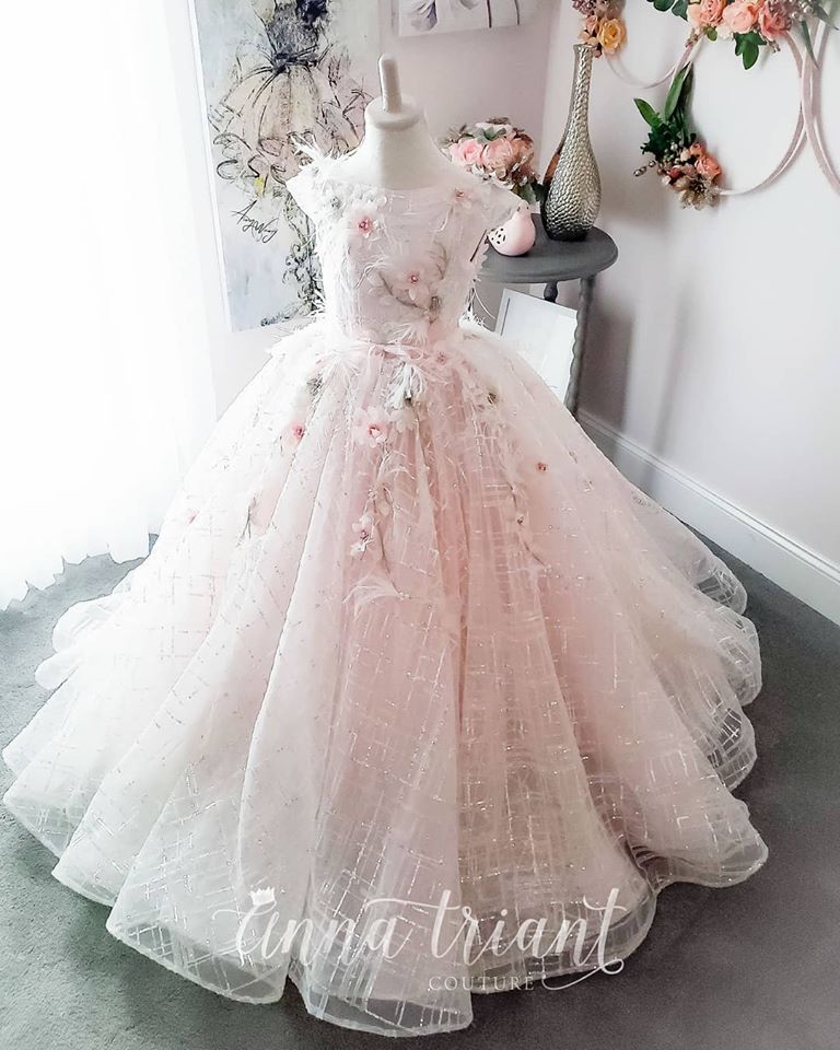 Pink Sequined Hand Made Flowers Flower Girl Dresses Ball Gown Tulle Little Girl Wedding Dresses Vintage Pageant Dresses Gowns F054