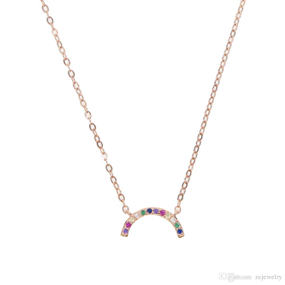 real 925 sterlilng silver rainbow crescent moon jewelry multi cz colorful cz pave lovely girl gift minimal valentine necklace