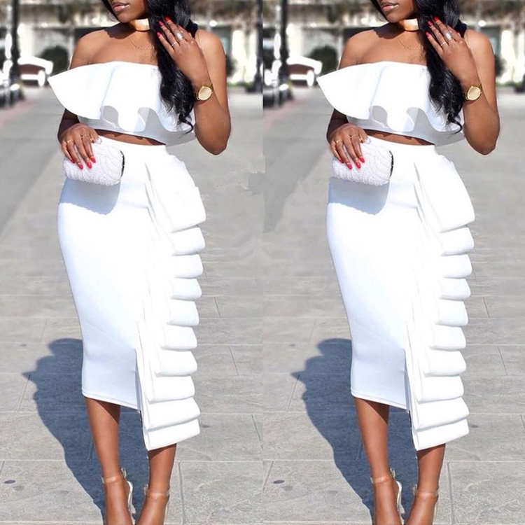 New White Two Pieces Sexy Bateau Prom Dresses Plus Size Satin Evening Gowns Tiered Tea Length Graduation Party Dresses