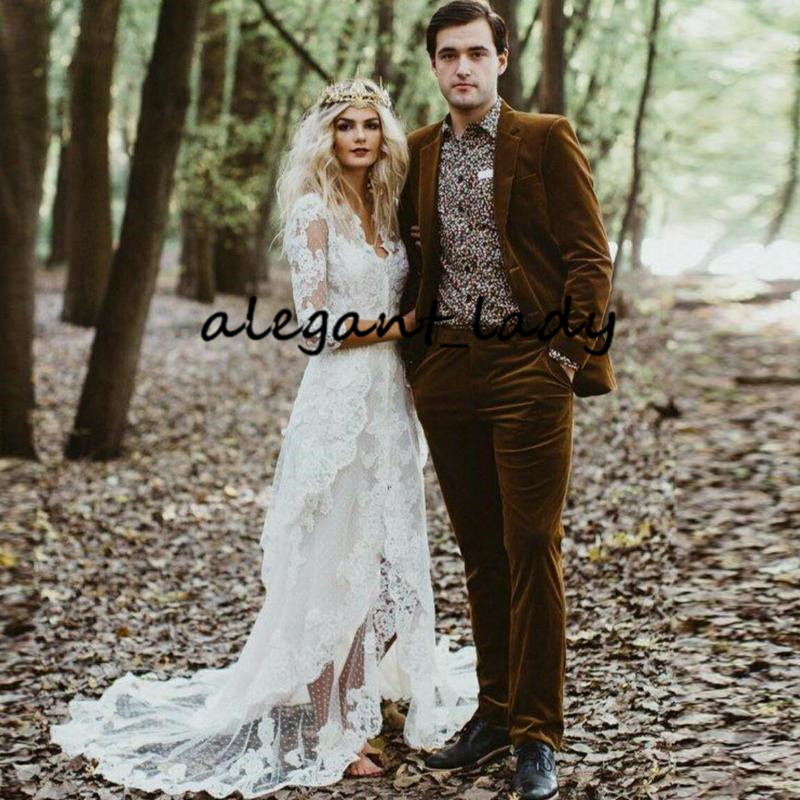 Vintage Bohemian Wedding Dresses with Long Sleeve 2020 Retro Lace Applique Hippie Countryside Bride Gown Split Vestido De Novia