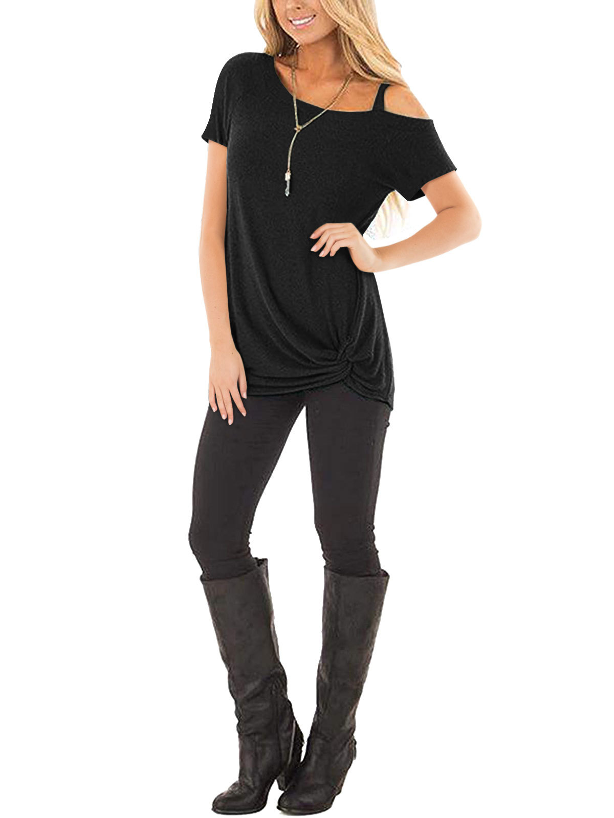 2020 Women Casual T-Shirt Tops Female 2019 Summer Short Sleeve Black Twisted fashion Tee Shirts Ladies Off Shoulder tshirt